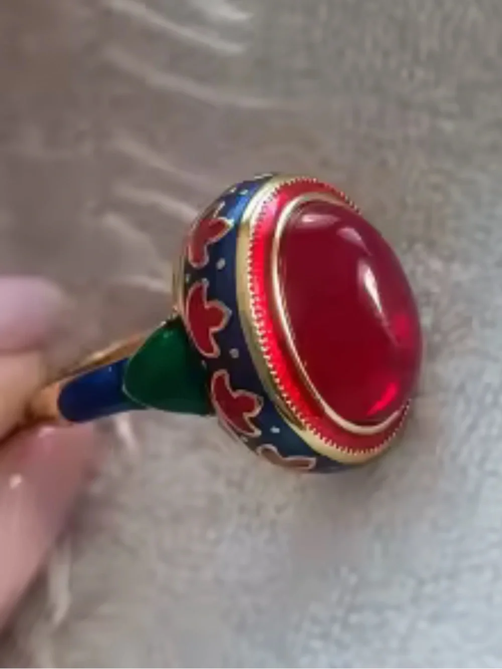 Vintage adjustable Gold-Tone Red Cabochon Multicolor Enamel Statement Ring